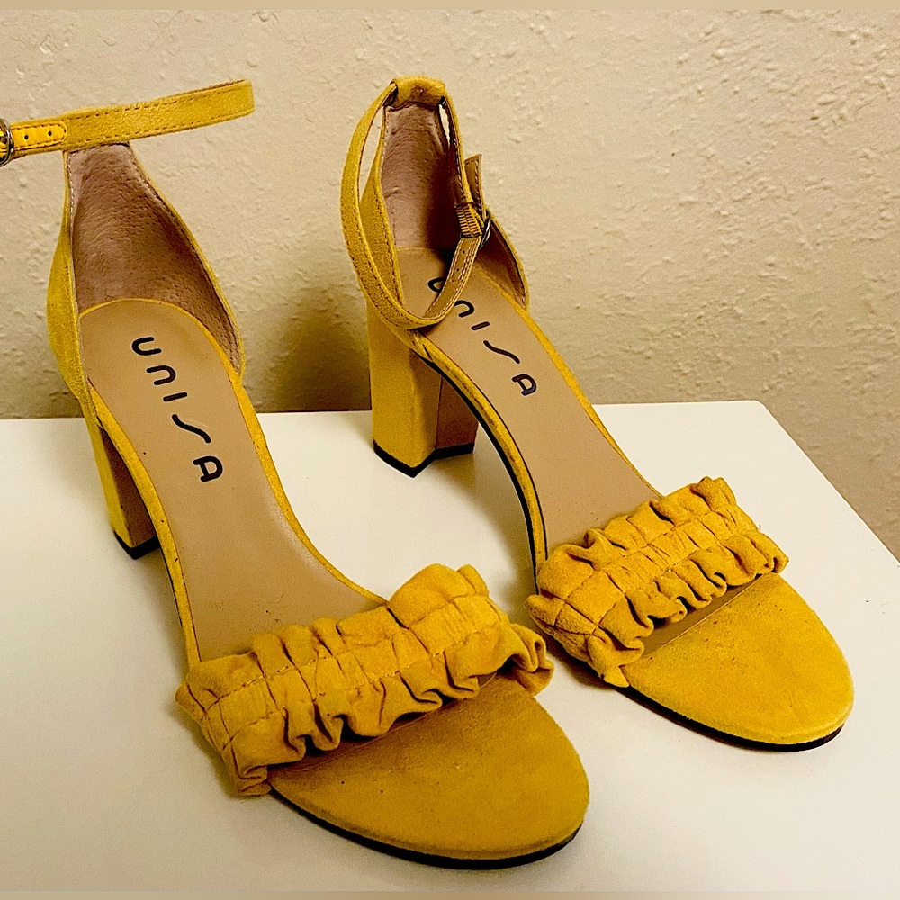Unisa Open Toe Ruffle Yellow Block Heels